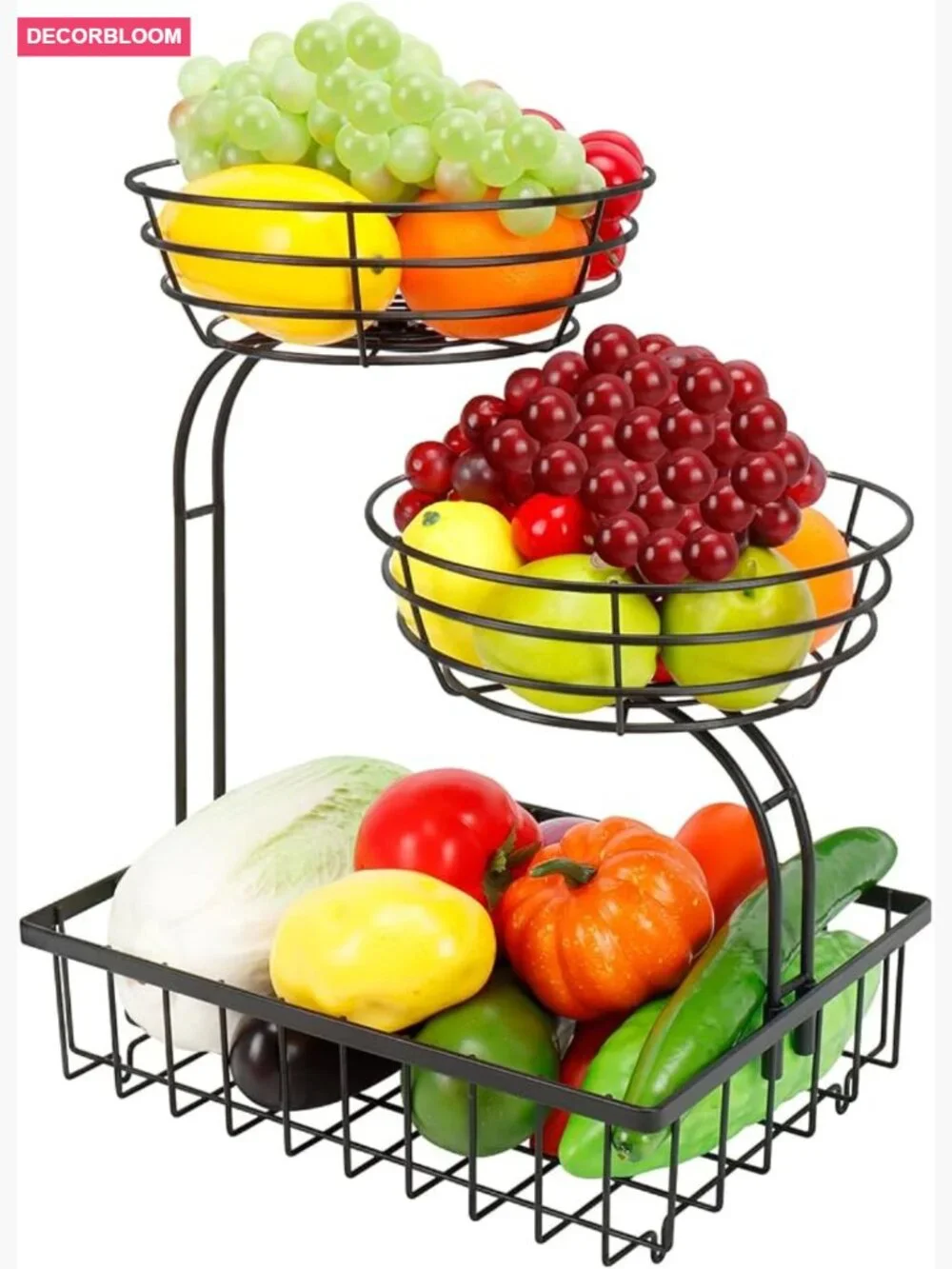 3 Tier Countertop Fruit Basket Storage - Metal Kitchen Organizer for Fruits,